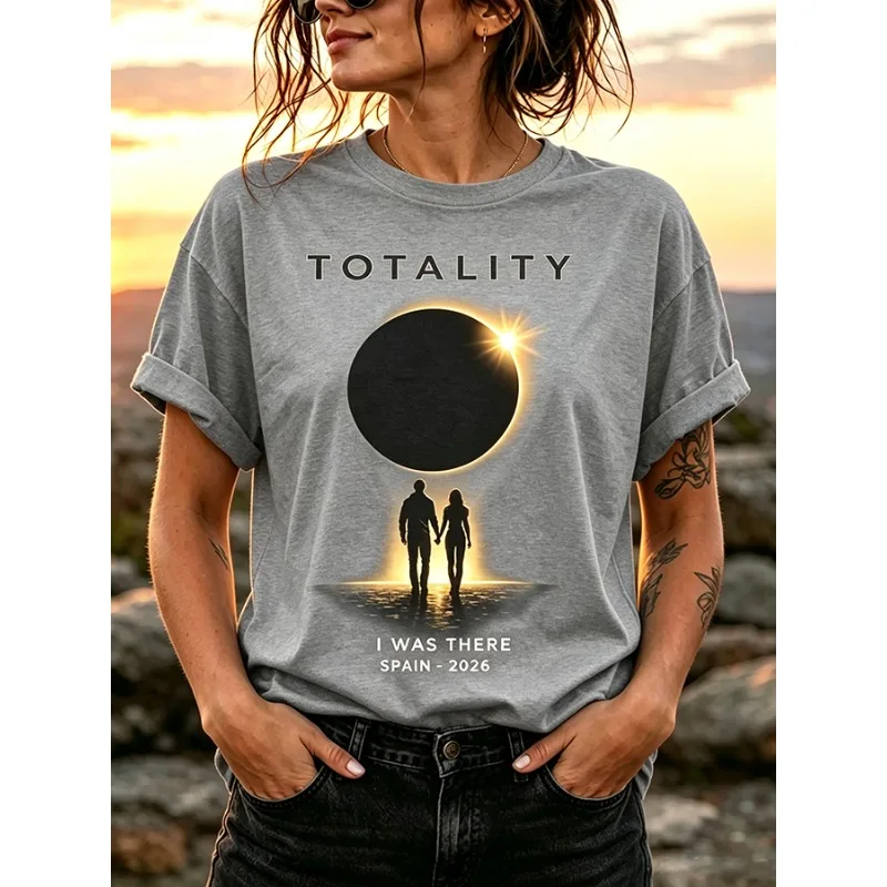 ilstile Women's Total Solar Eclipse Print T-Shirts Short Sleeve Casual Loose Round Neck Tops Summer BlackTees New Arrival