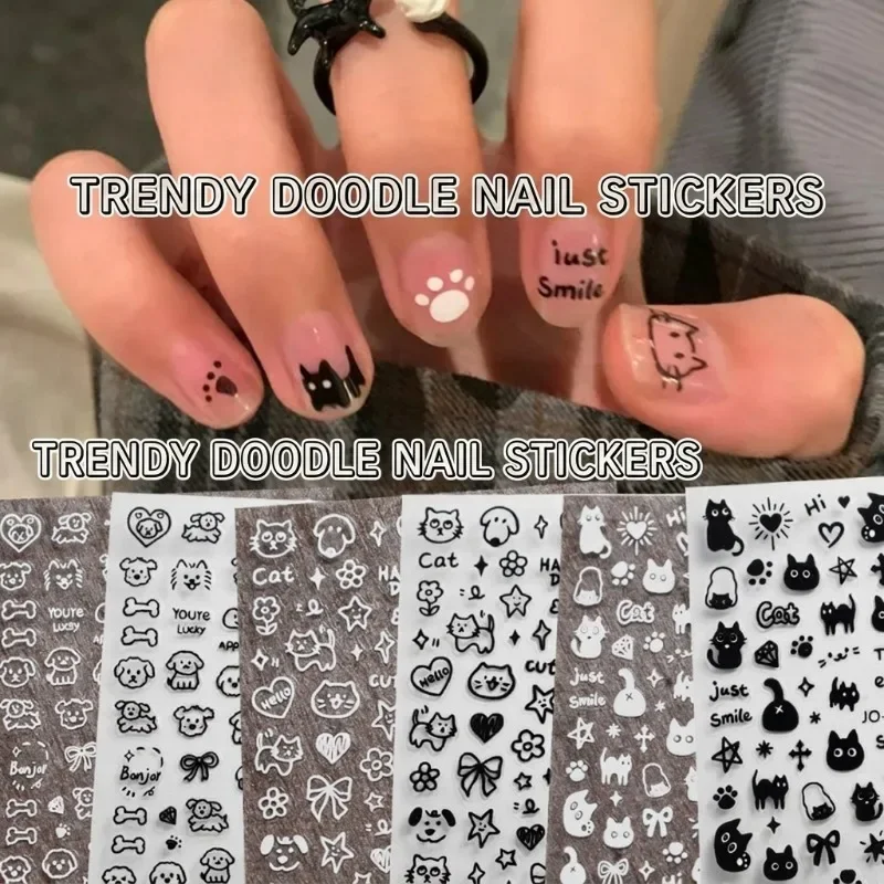 Graffiti Style Nail Decals Stickers, Black White Cartoon Cat Puppy Pattern Adhesive Manicure Art Decorations