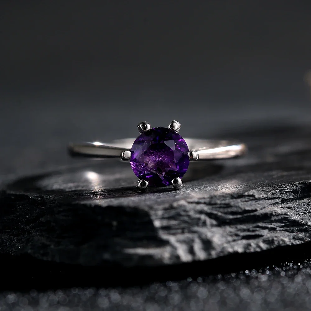 Genuine 925 Sterling Silver Women's Ring AdjustableOpen Bands Inlaid 6mm Natural Amethyst Healing Gemstone Birthstone Jewelry