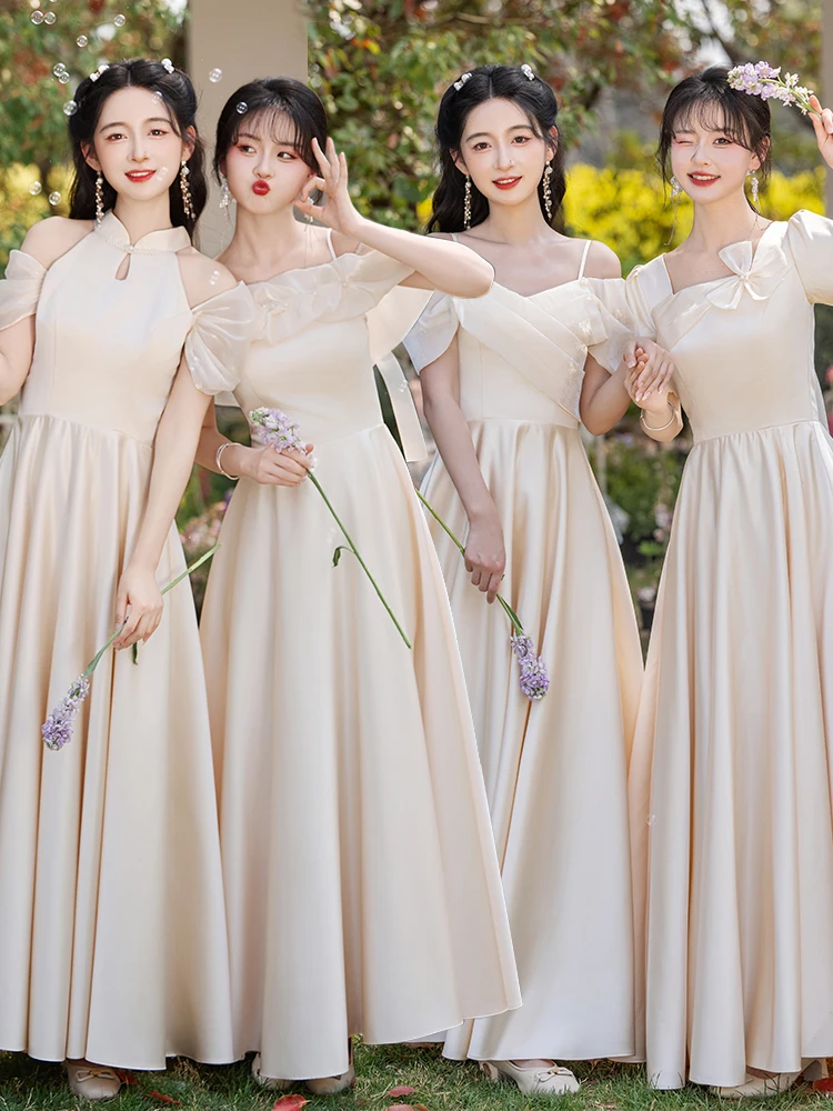 

Потрясающие атласные платья цвета шампань для подружек невесты 2026: Новинка, повседневный стиль, с завышенной талией, А-силуэт, для свадебных вечеринок