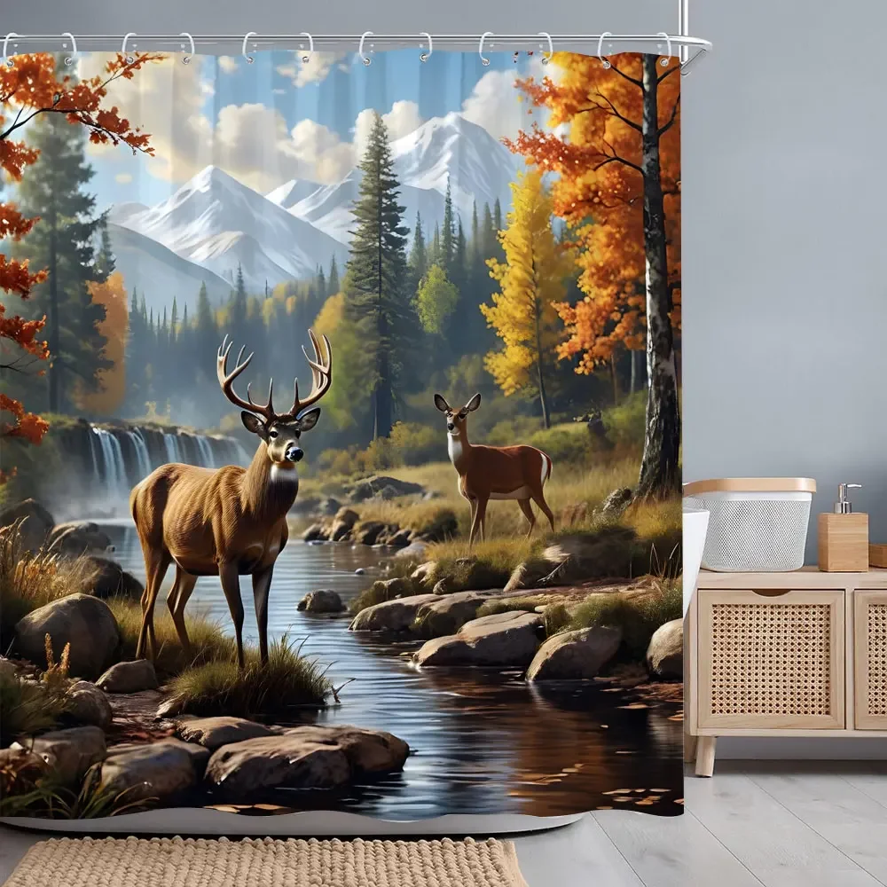 Autumn Forest Deer Shower Curtain River Sunset Rustic Barn Thanksgiving Polyester Fabric Bath Curtains Bathroom Decor with Hooks