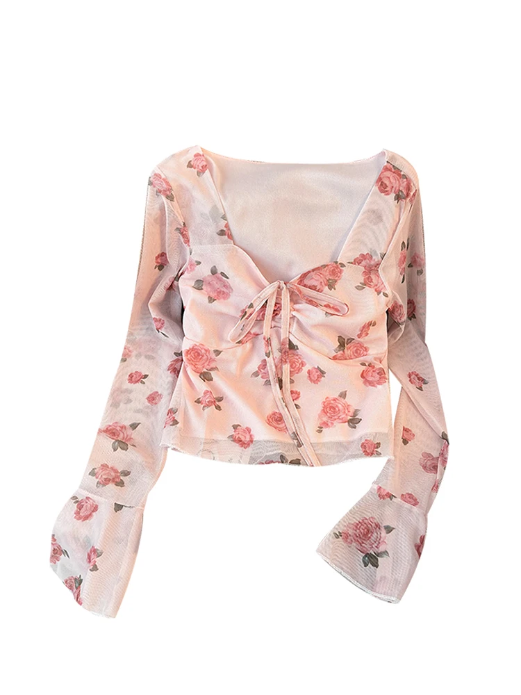 Spring Summer Women Floral Tulles Shirts Sweet Cute Square Collar Flare Long Sleeve Pink Tops Slim Female Blouse