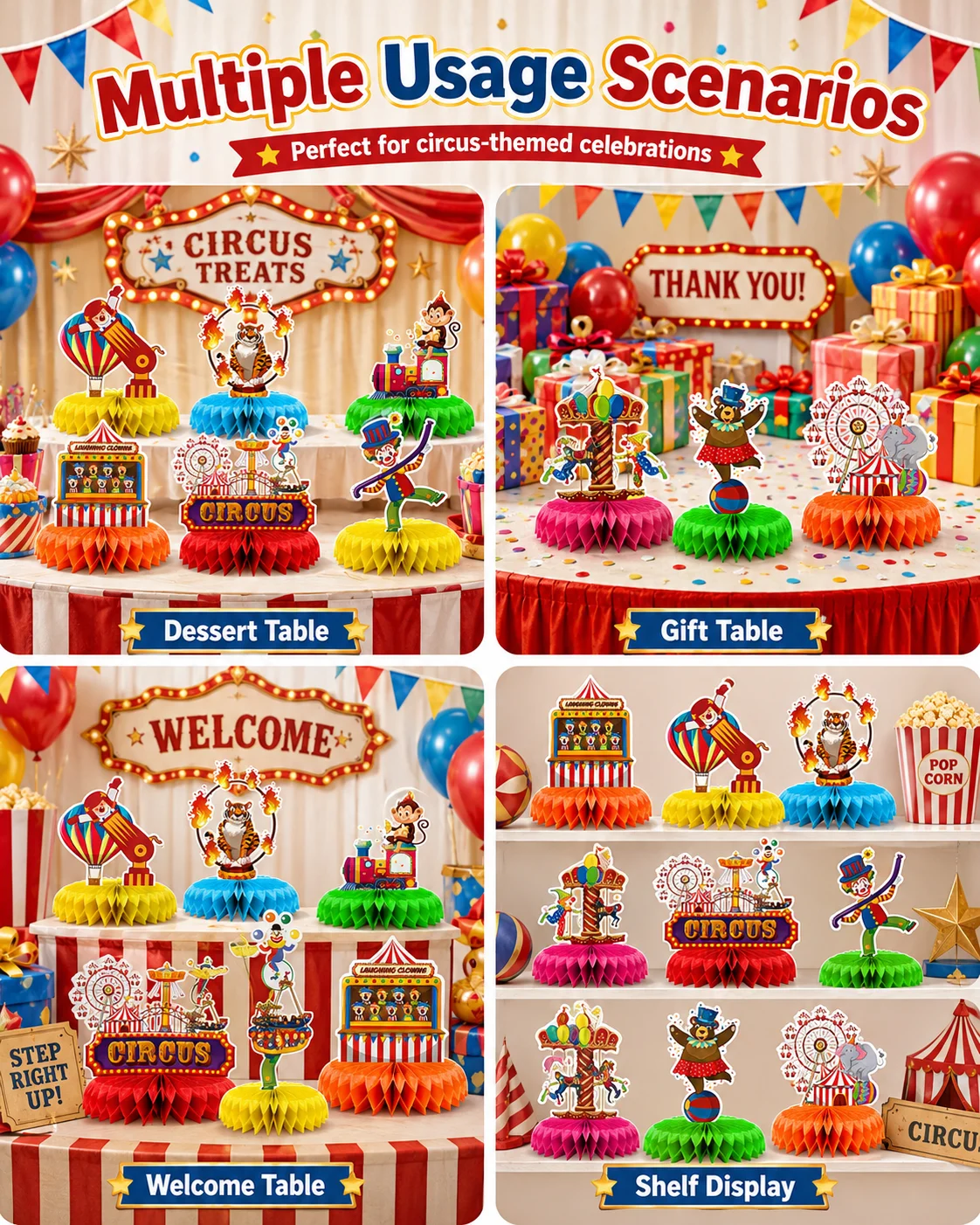 9-teiliges Zirkus-Themen 3D-Waben-Tischdekoration-Set für Karnevalspartys und Themenpartys – Detail 5