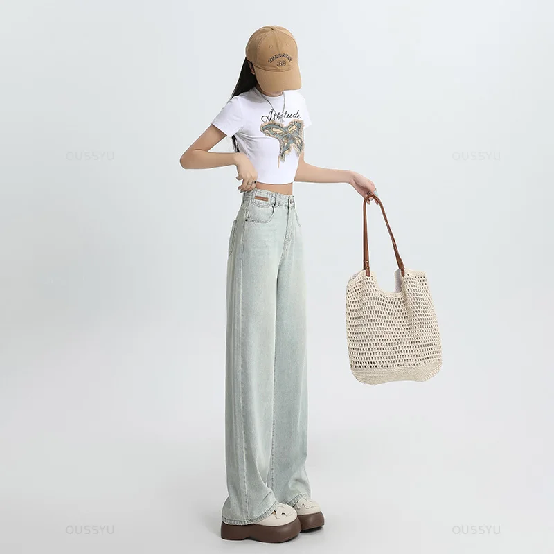 Summer Soft Lyocell Fabric Woman Jeans Thin Loose Wide Leg Straight High Waisted Pant Fashion Embroidery Comfort Casual Trousers