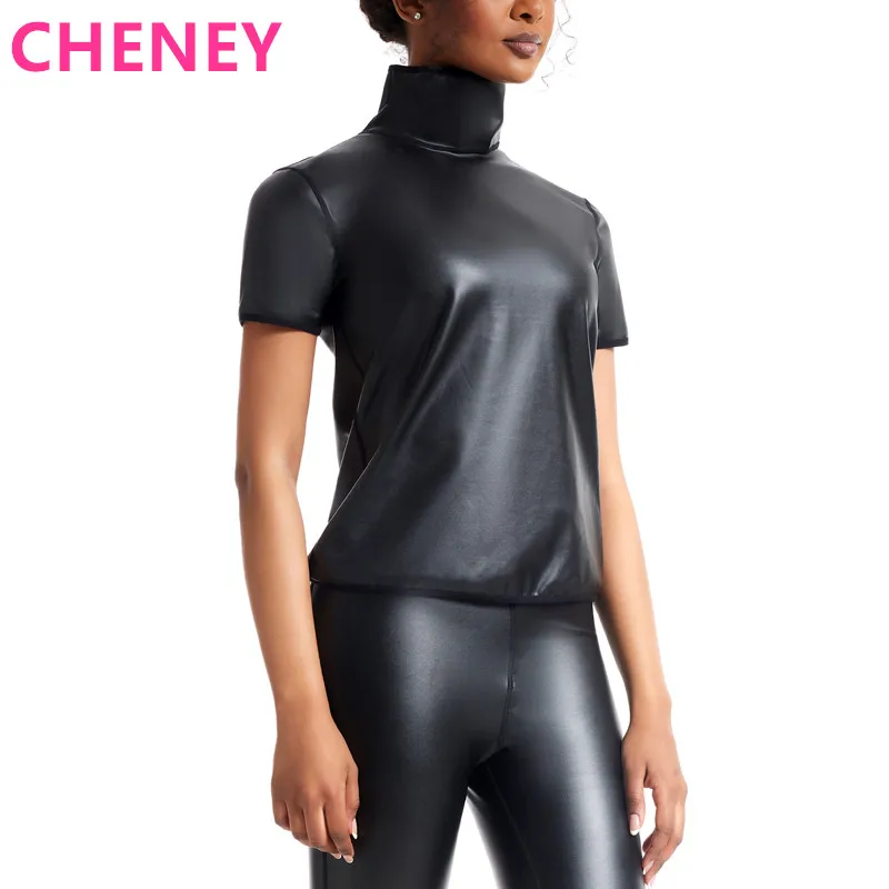 Women Body Shaper High-neck Faux Leather Short Sleeve Fitted Tee Shirt Top Waist Trainer Slim Tshirt Fashion Slim Shapewear Tops