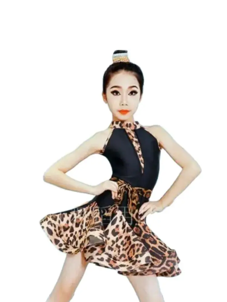 1pcs/lot Leopard Print Girls Latin Dance Dress Children Ballroom Stage Performance Costumes Sleeveless latin dress