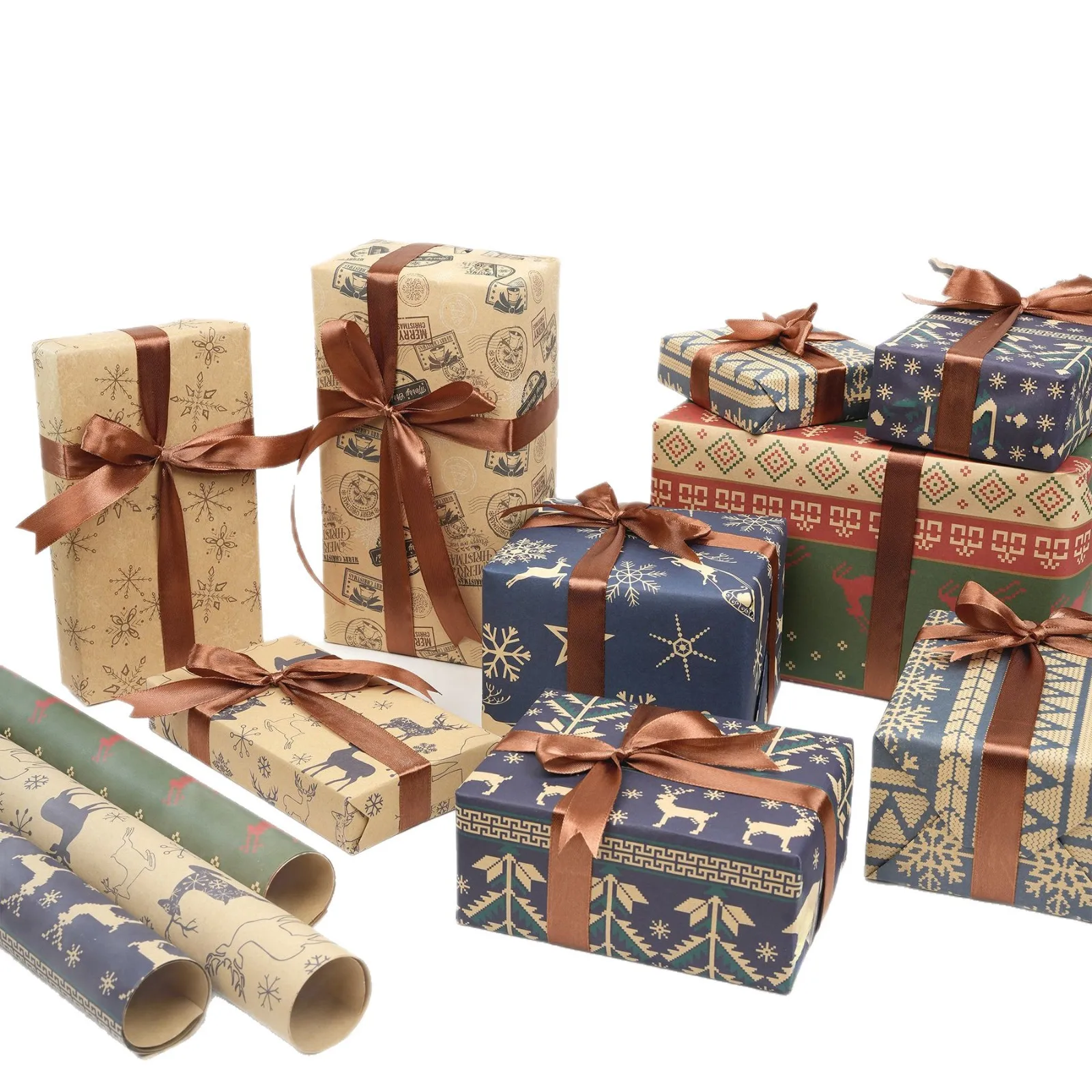 Série de papel de embrulho kraft de Natal, usado para decoração de caixa de presente, formas de rena e árvore de Natal, materiais ecológicos e presente de Natal reciclável! (Tamanho 50Cm*70Cm)