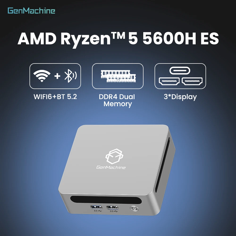 45W TDP, 4K @ 60Hz, WiFi6, Ultrafino DIY Gaming Computer Genmachine AMD Ryzen 5 5600H ES Mini PC - 6C/12T Smooth Multitask