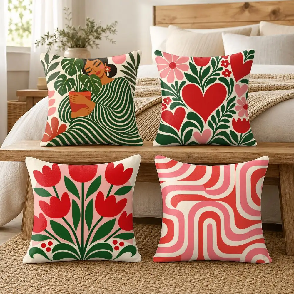 Retro Tulip And Woman Illustration Cushion Cover Soft Pillow Cases Hidden Zipper Cutecore Sofa Bedroom Home Decor Gift