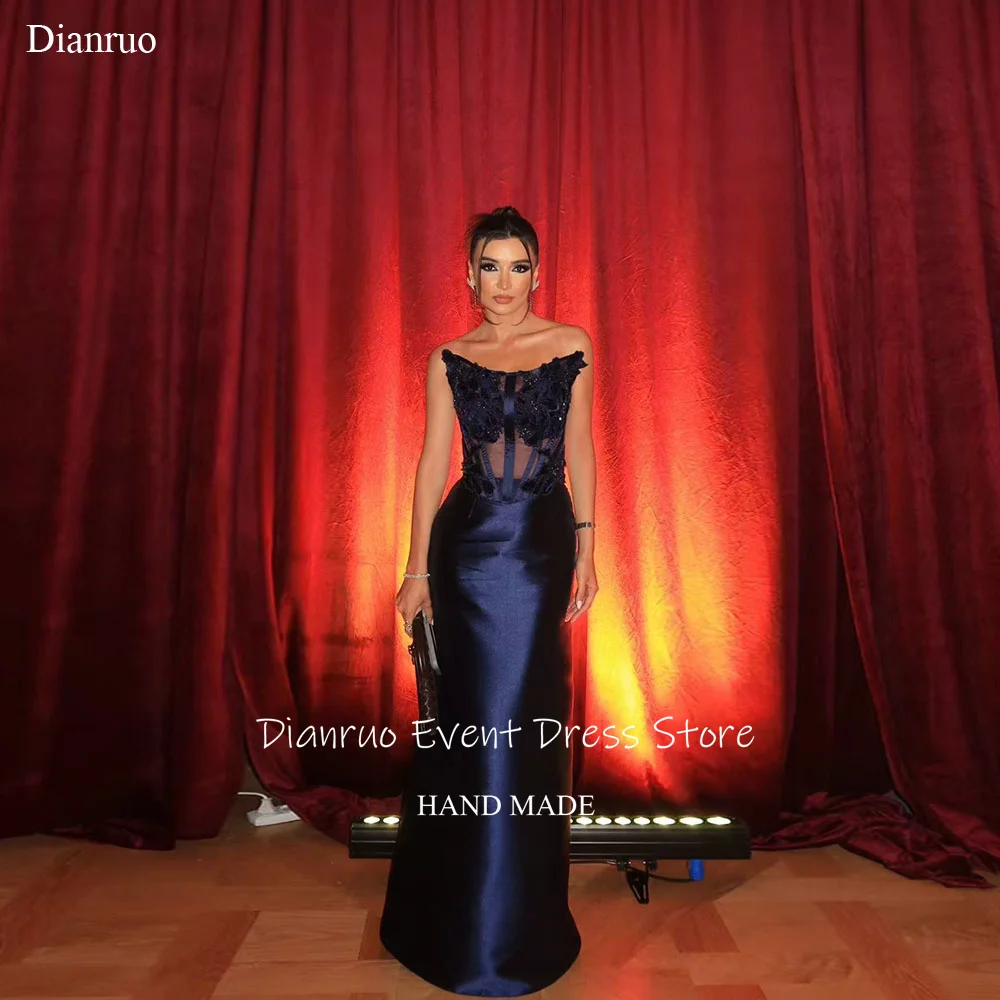 

Dianruo Атласные темно-синие вечерние платья Длинные милые халаты De Soirée Иллюзия Русалка Vestido De Fiesta по индивидуальному заказу