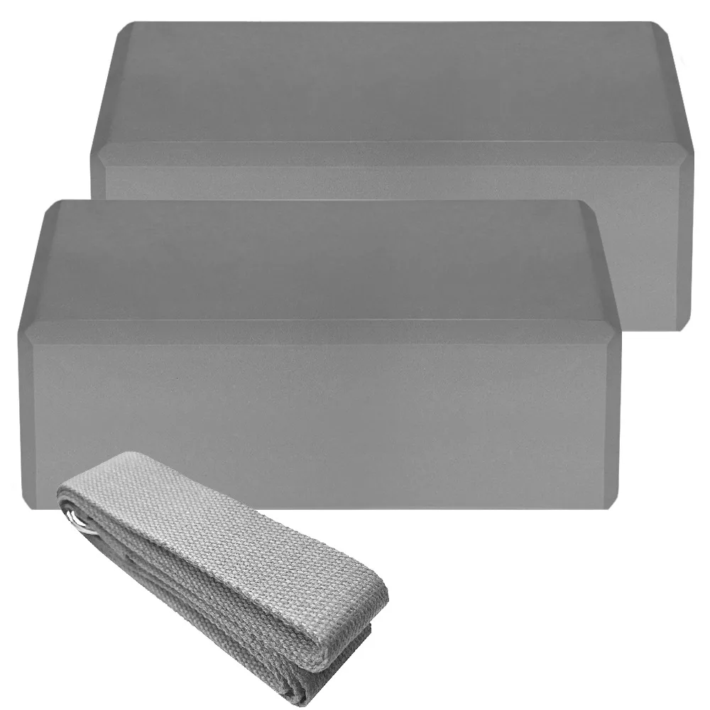 2Pcs Durable EVA Yoga Blocks Set 9x6x3 Inches Grey Yoga Strap Set Non Slip Yoga Block 2 Pack For Pilates