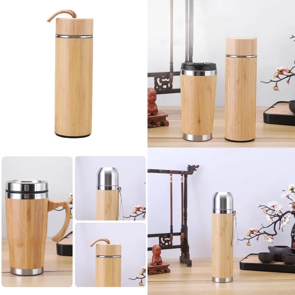 Bamboo taza doble capa botella aislada acero inoxidable interno para viajar aire libre bebida botella agua