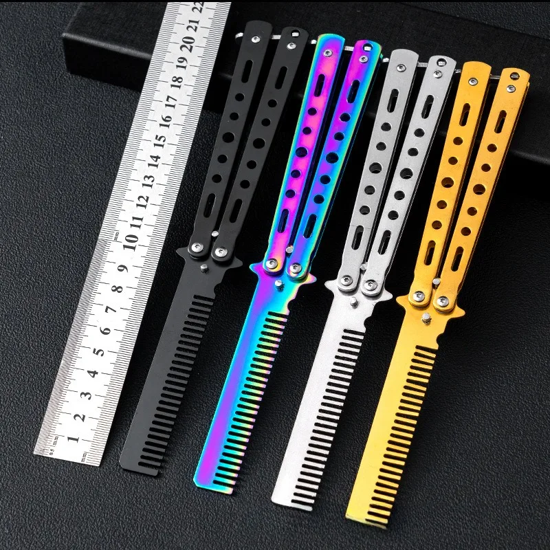 Foldable Comb Stainless Steel Practice Training Butterfly Knife Comb Beard Moustache Brushe Salon Hairdressing Styling Tool New