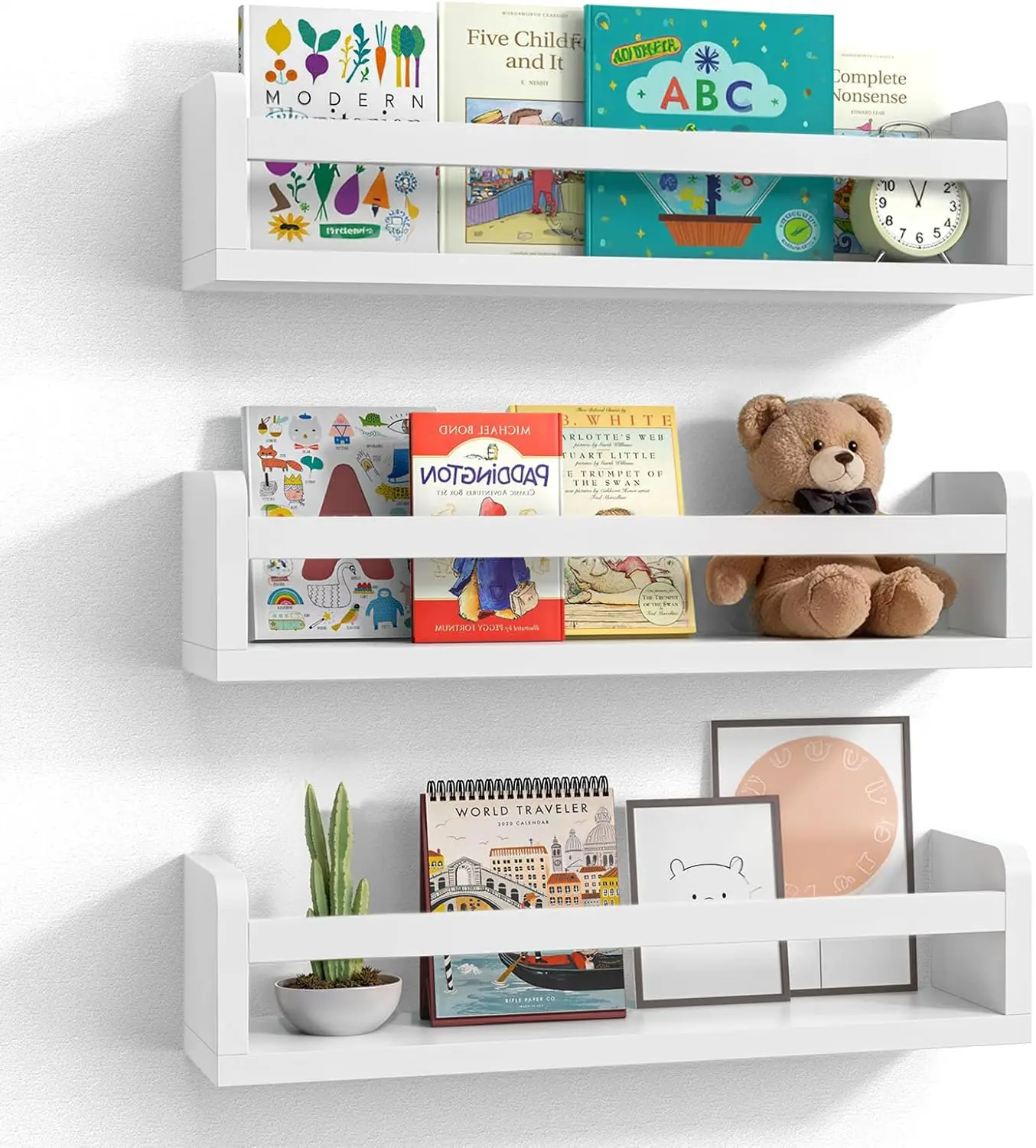 

Floating Wall Nursery Book Shelves for Kids Rooms, 16.5 Inch White Wooden Set of 3, Toddler Bookshelf for Bedrooms