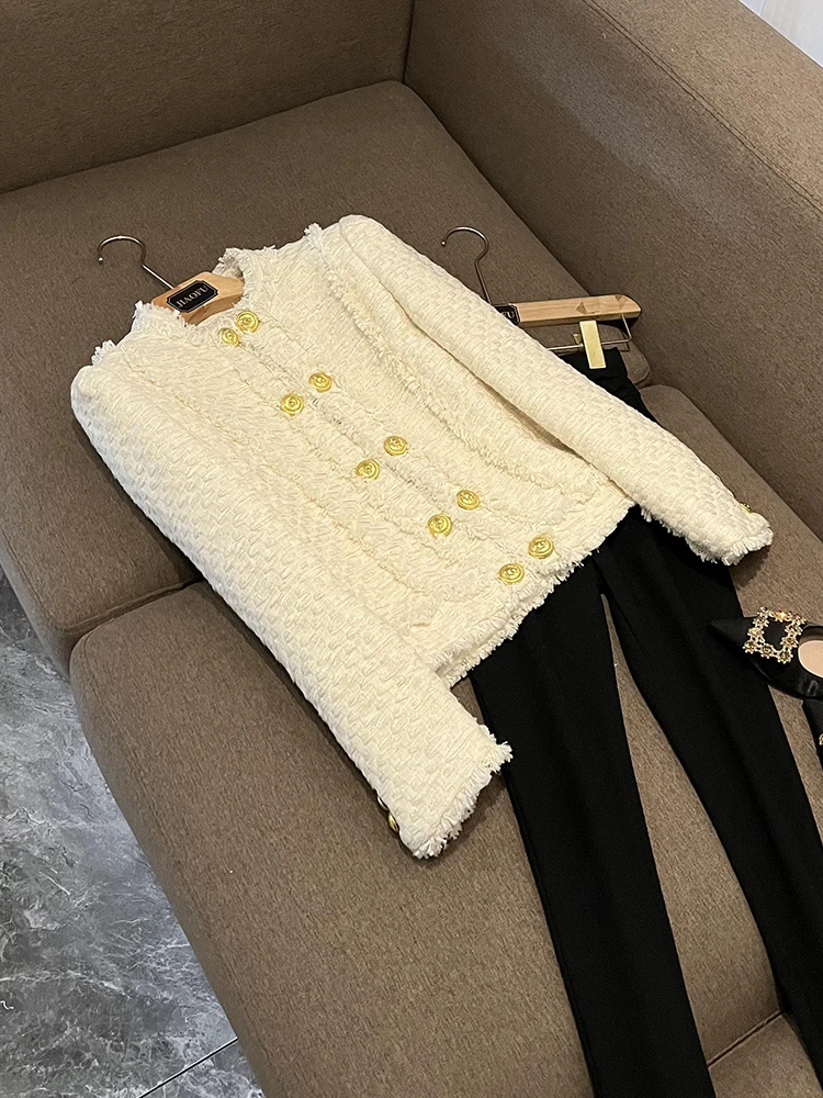 

Faionable Lion Bule Твидовый твидовый жилет с бахромой Юбка Celebri Sle Воротник-стойка Thiened Шерстяная верхняя одежда