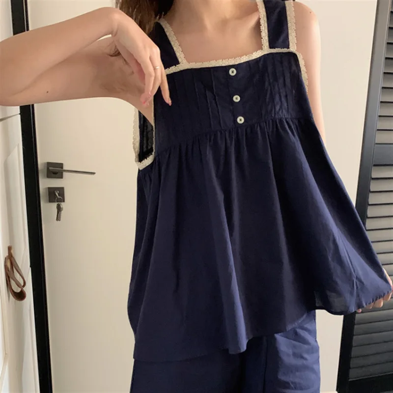 Summer Women\'s Solid Color Pajama Set Cotton Navy Blue Button Lace Flounce Night-clothes Sling Sweet Young Girl Unique New Dress