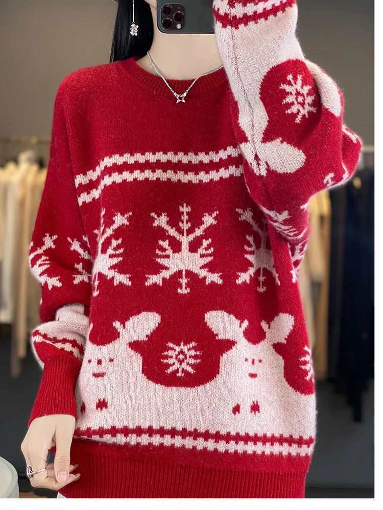 2024 New Fashion Autumn Winter Women Christmas Sweater 100% Merino Wool Knitted Pullover Casual Thick Cashmere Clothing Jumper