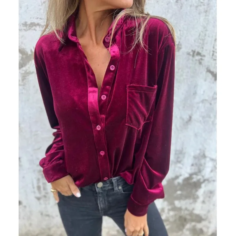 New casual gold velvet shirt 2024 solid color splicing long sleeved single breasted versatile top loose base shirt for women