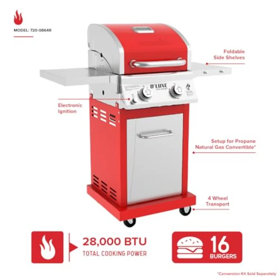 Deluxe Gas Grill, Compact with Foldable Shelves in Red