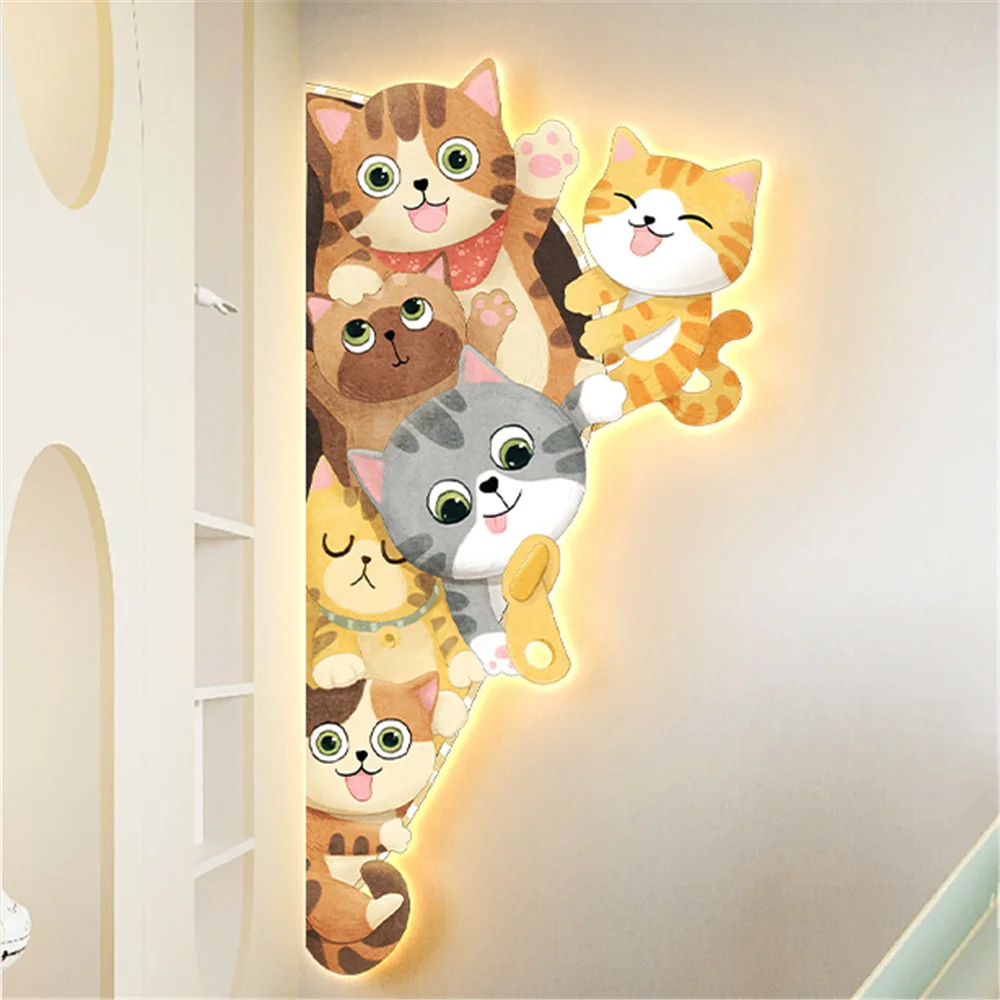 Corner Cat Painting Room Girl Mural Led Wall Lamp Children\'S Room Decoration Indoor House Corridor Sconces Living Room Lights