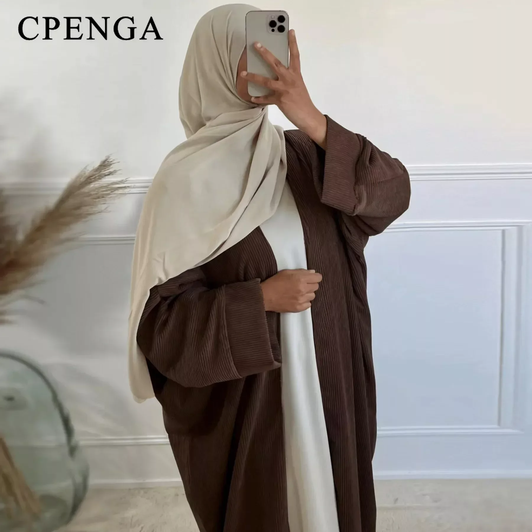 Corduroy Abayas for Women Muslim Dubai Kimono Abaya Winter Warm Thick Cardigan Arab Femme Islamic Clothing Modest Long Coat Robe