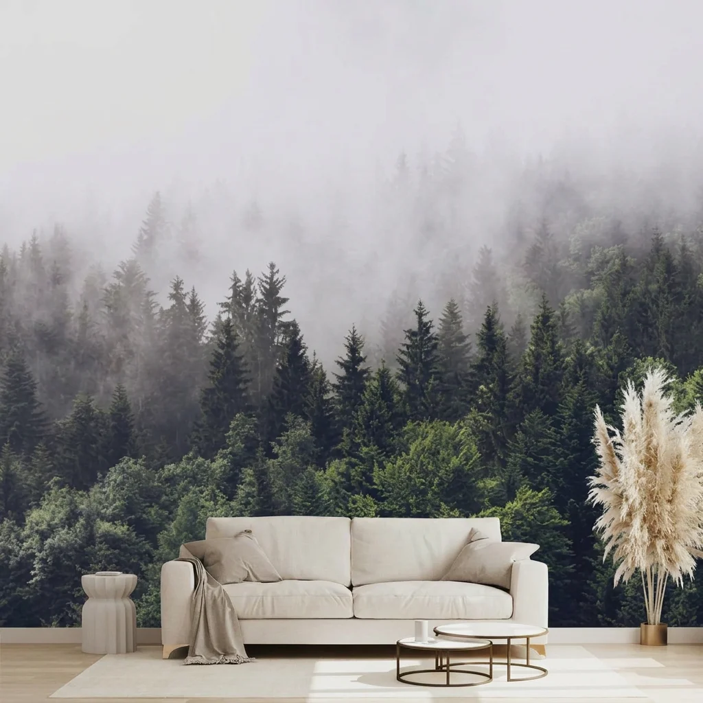 Self-adhesive material featuring diffuse mist and layered pine trees, perfect for living room and bedroom background walls.