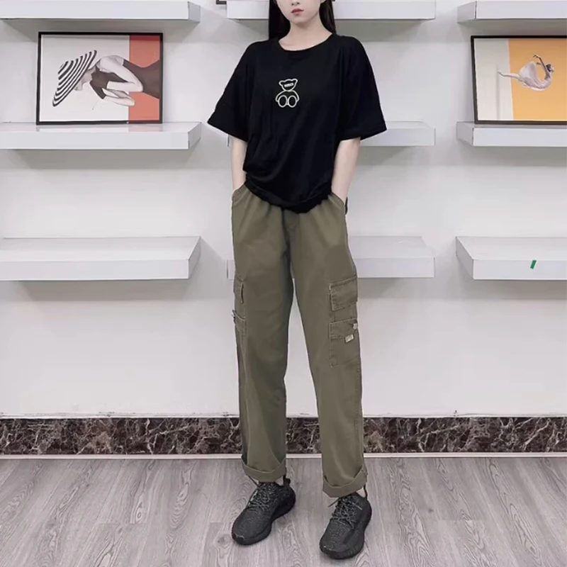 

Summer 2024 plus size solid color cargo pants women's casual pants elastic waist vertical tube pants with a wide range of loose