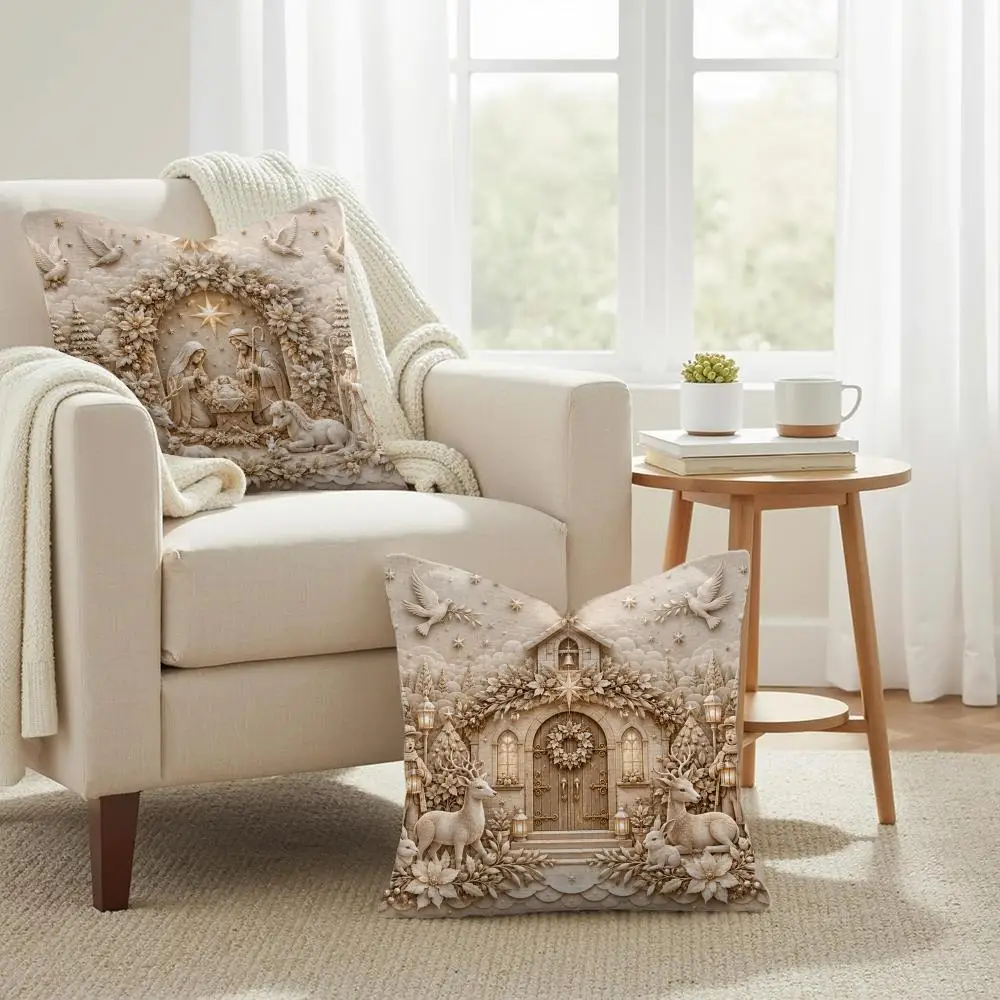 Vintage Nativity Relief Cushion Cover Summer Coolness Linen Organic Fabric Sofa Pillow Case Double-Sided Printing Home Decor