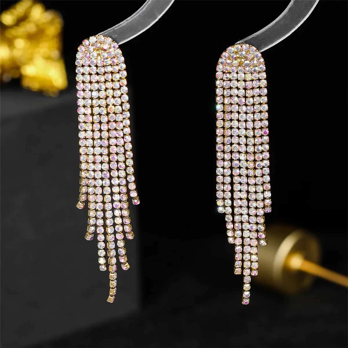 Shine Long Tassel Rhinestone Drop Earrings for Women AB Colourful Silver Color Crystal Dangle Earring Party Wedding Jewelry