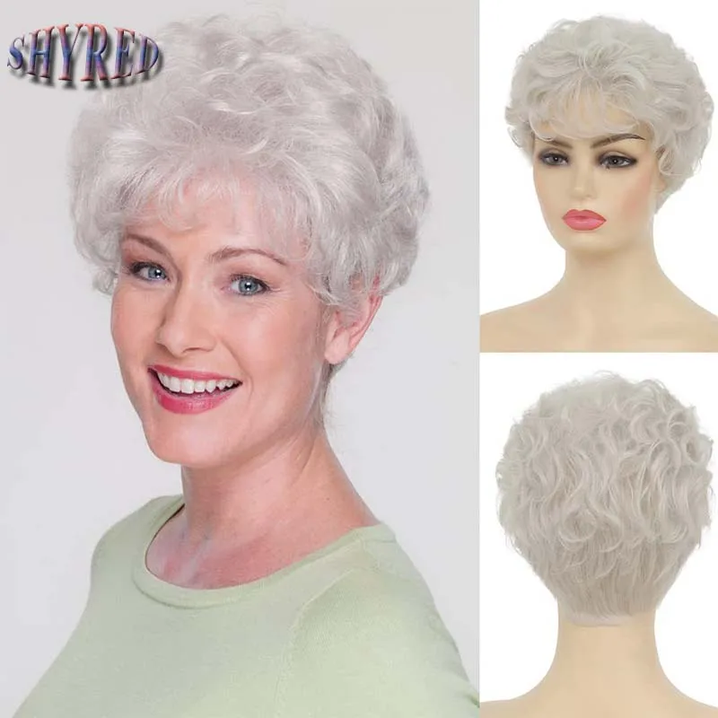 

Synthetic Short Pixie Cut White Curly Wig for Women Fake Hair Mum Wig with Bangs High Temperature Fibre Fake Hair