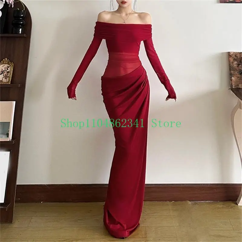 فستان طويل الأكمام بدون أكتاف مكشكش شفاف من خلال شبكة Bodycon فستان أنيق بفتحات ملفوفة على الورك للحفلات المسائية للنساء