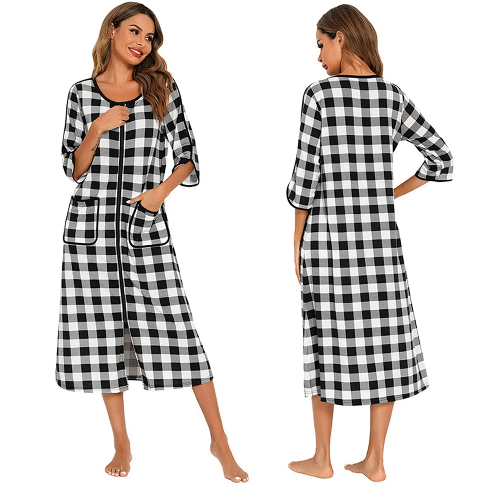 Autumn Winter Women Zip up Sleepdres Loose Nightgowns Spa Bathrobe Crewneck Soft Striped Sleepshirt Loungewear Sleepwear with Po