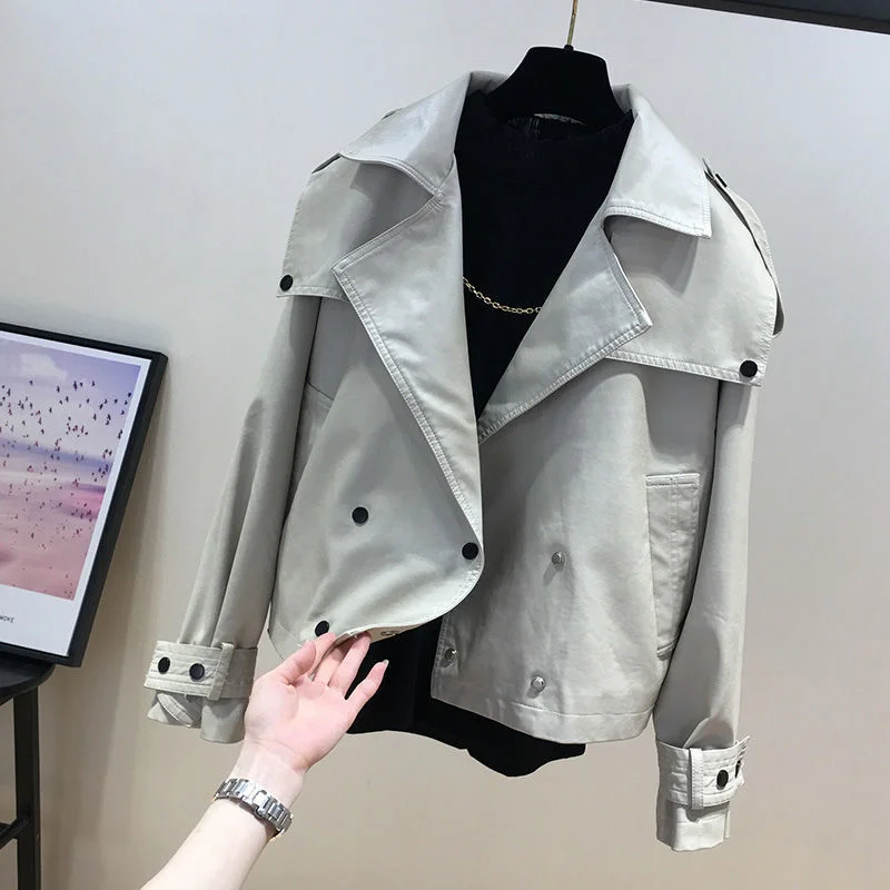 Double Lapel Breasted Motorcycle PU Leather Women's Top Autumn 2023 New Korean Style Fashionable Stylish Younger Blouse Fashion