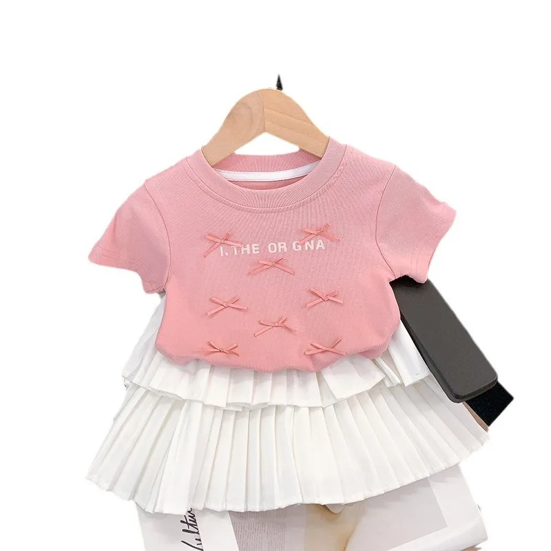 Summer 2024 Children Girls Bow Short-sleeved T-shirt + Pleated Skirt 2PCS Clothing Sets Letters Tops Skirt Clothes Suits