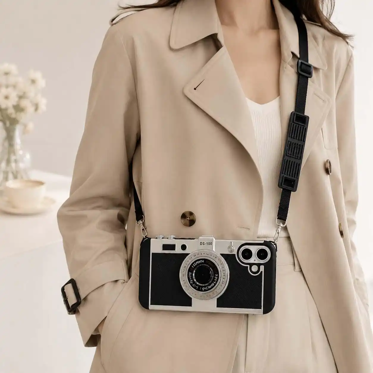 3D Retro Camera Style Design with Crossbody Strap Compatible with iPhone 13, 11, 12, 14, 15 Plus, 16, 17 Pro Max