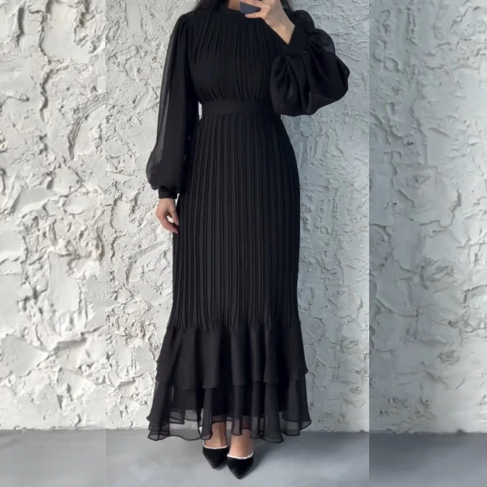 

Customized Chiffon Pleat Ruched A-line O-Neck Midi Dresses Bespoke Occasion Party Casual Simple High Quality