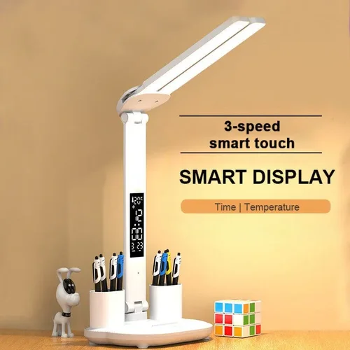 USB 충전식 LED 시계 테이블 램프, 조도 조절식 책상 램프, 2 헤드 180 회전 접이식 눈 보호 데스크탑 독서 야간 조명 