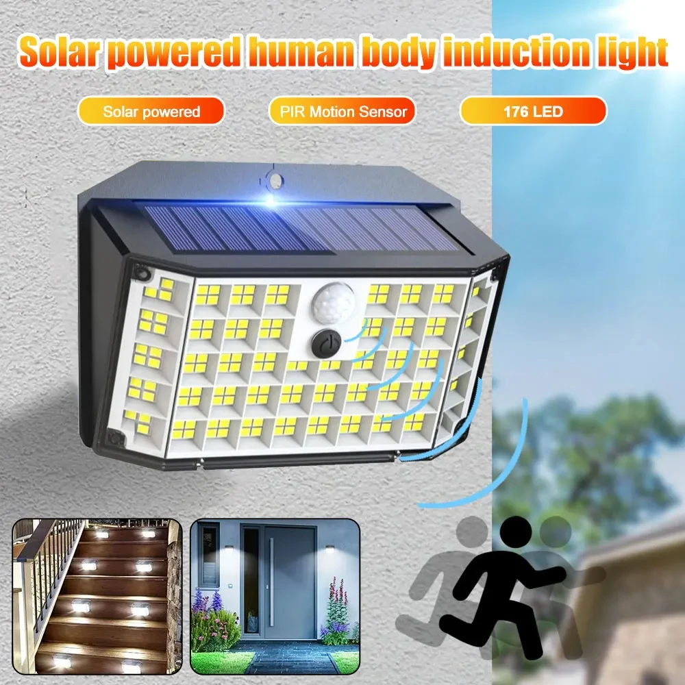 

176 LED Wall Lamp Solar Wall Lights Powered Motion Sensor Flood Lights 3 Lighting Modes IP65 Waterproof Outdoor Porch Yard Lamp