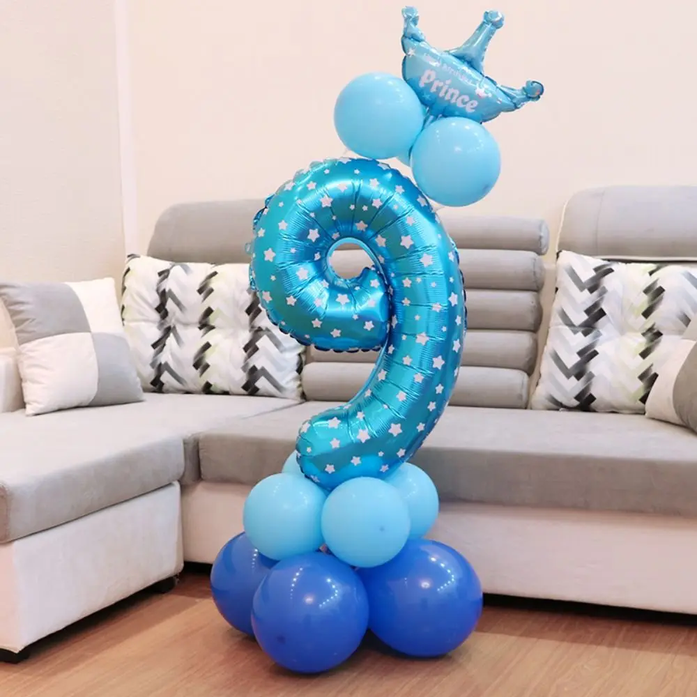 32in Birthday Party Number Balloon Blue Pink Number Star Print 0-9 Foil Balloon Cartoon Aluminum Film Zoo Theme Decoration