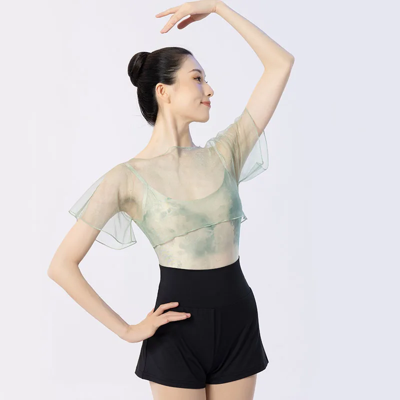 Women Crop Top Glitters gauze Dance Tops Ballet T shirt Ballerina Dancewear Short sleeve overall Clothes Classic Costumes for Da