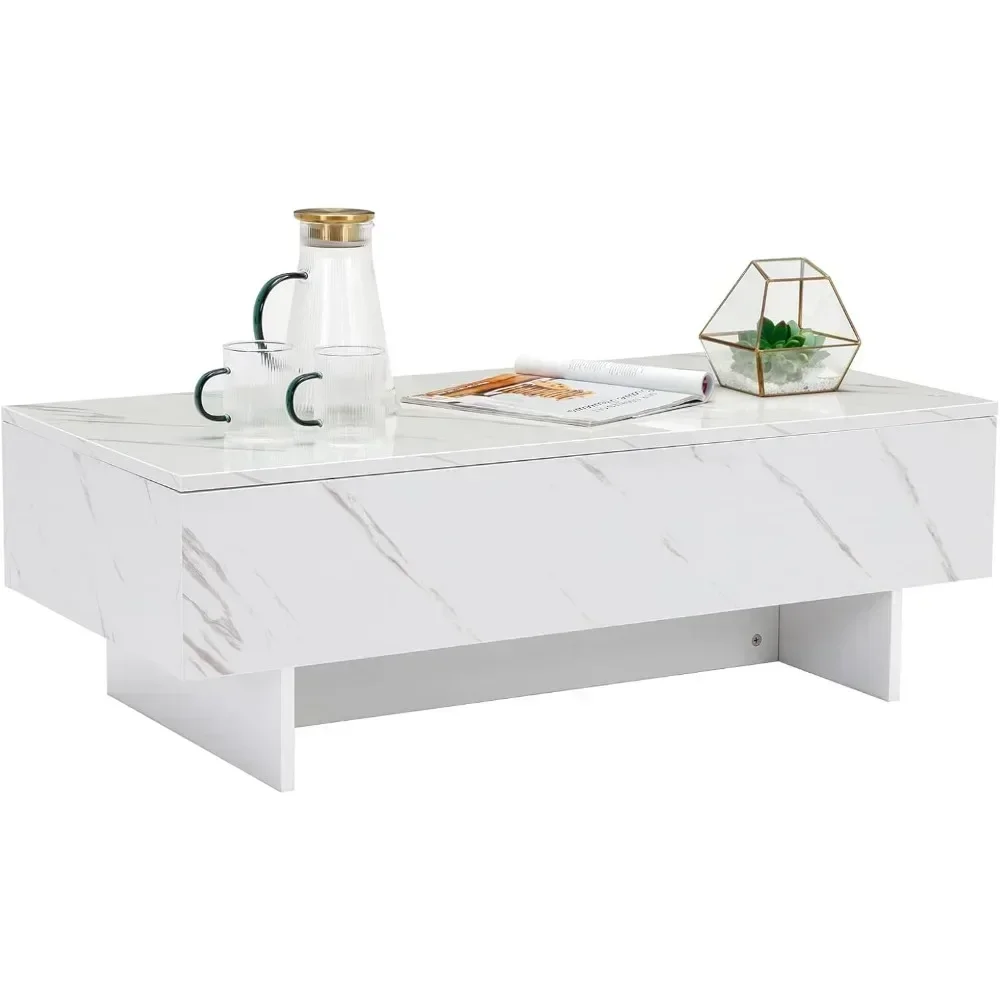 41" Marble White Cool Coffee Table for Living Room,Rectangular Glossy Smart Contemporary Center Table for Waiting Area