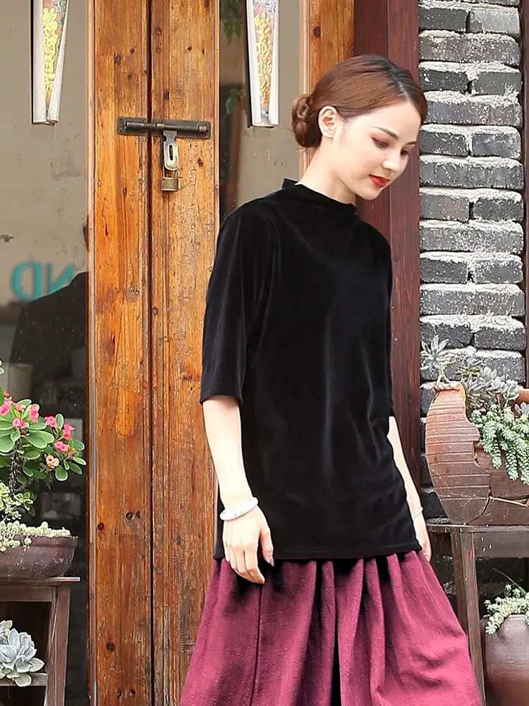 Kemeja Beludru Setengah Turtleneck Vintage Musim Semi & Musim Gugur Kasual Fashion T-shirt Velour Setengah Lengan Slim Ropa Mujer ukuran plus