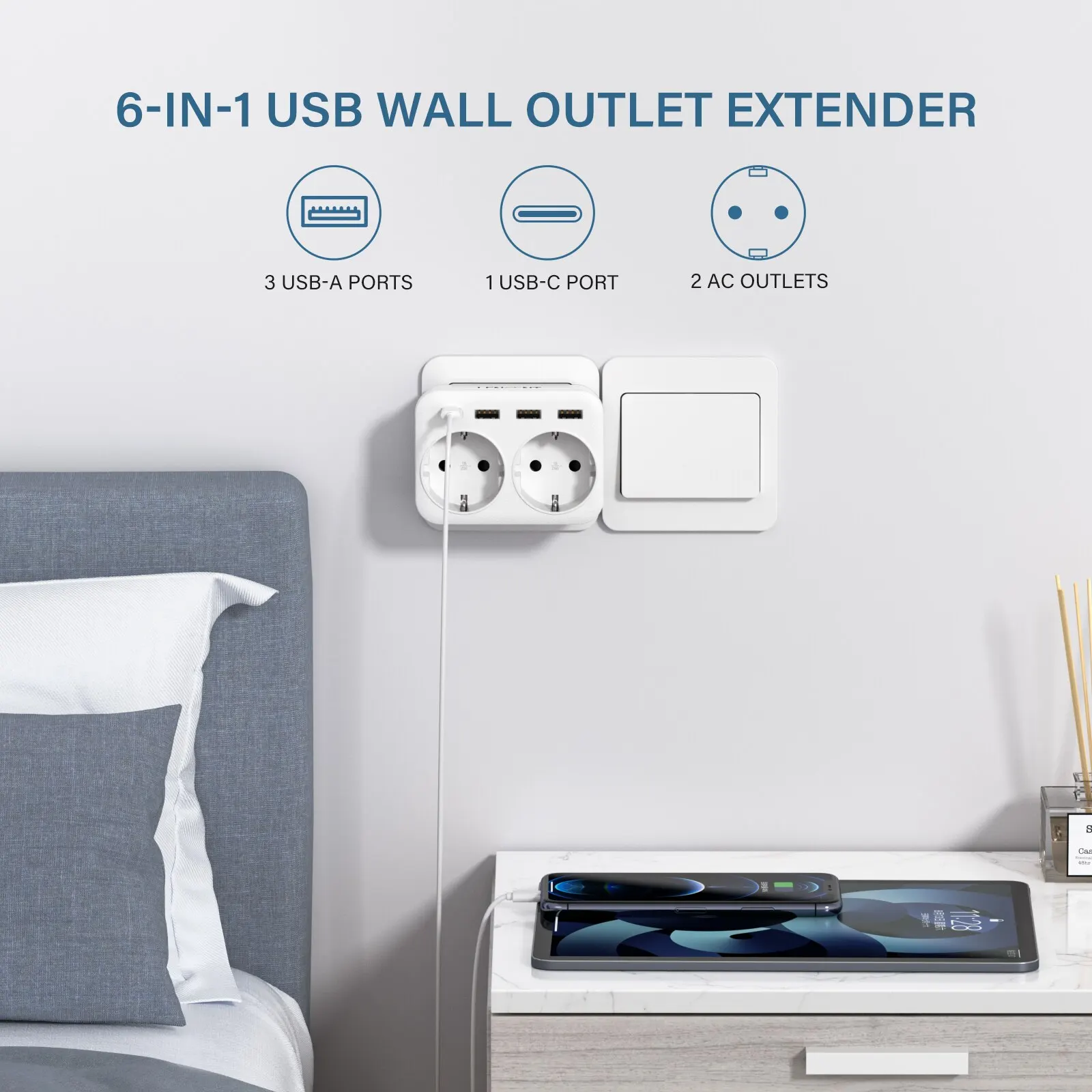 LENCEN EU Wall Socket Extender with 2AC Outlets 3 USB and 1 Type 5V 2.4A Power Charger Adapter Overload Protection for Home/Offi