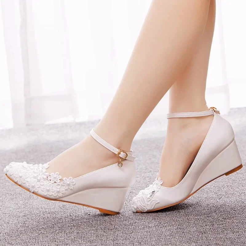 Pumps Women Office Round Toe Lace Buckle Strap PU 5CM Wedges Dress Sandals Japanese Style Party Shoes Woman White Classics