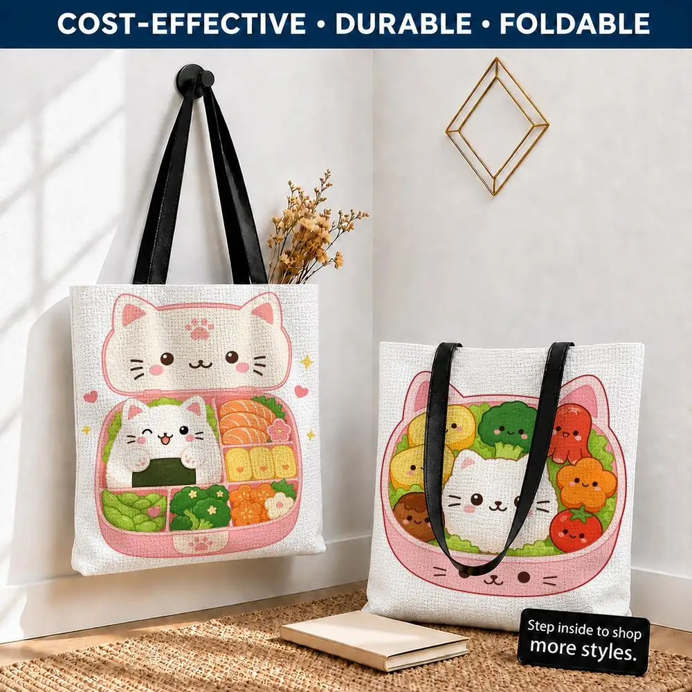 Kawaii Cat Bento Storage Bags Polyester Canvas Tote Lightweight Foldable Reusable Shopping Bag Shoulder Straps