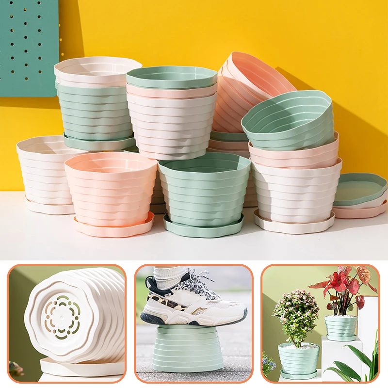 

5Pcs Plastic Resin Flowerpot Succulent Potted Round Plant Pot Vertical Striped Planters with Tray Home Office Desktop Decoration