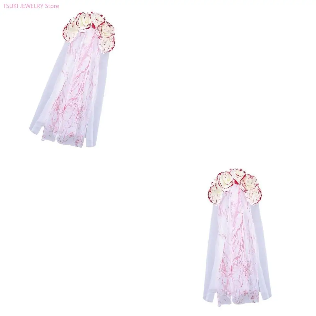 

62KE Gothic Bride Veil For Women Halloween Costume Accessory Veil Facemask Bloody Flower Hairhoop Veil for Theme Party