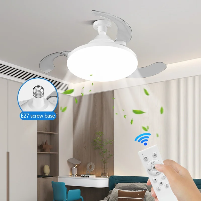 

New LED Ceiling Fan With Light E27 Retractable Blade Electric Fan Silent Remote Control Dimming Bedroom living Room Lighting