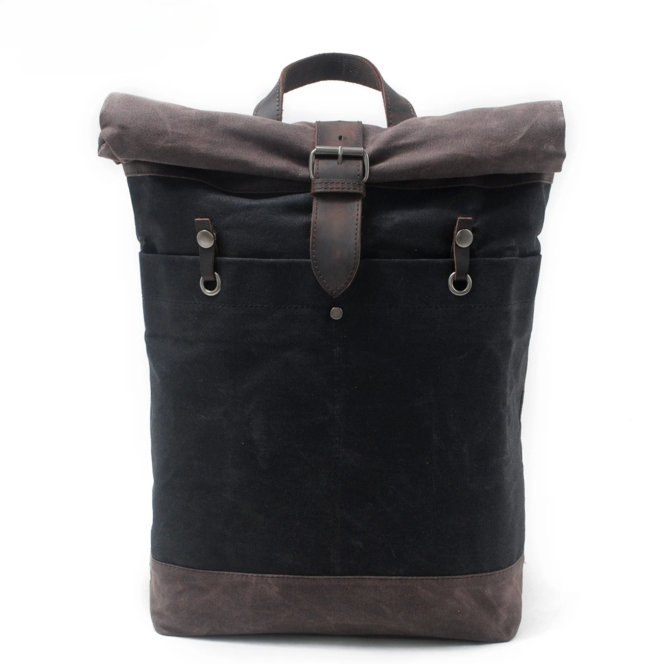 Mochila de lona con tapa enrollable, mochila de viaje al aire libre de estilo vintage con adornos de cuero genuino