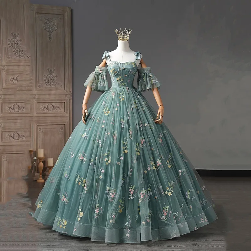 Robe de soirée en tulle à épaules dénudées avec poignées amovibles, robes de Quinceanera élégantes personnalisées, longueur au sol, bleu, ligne A